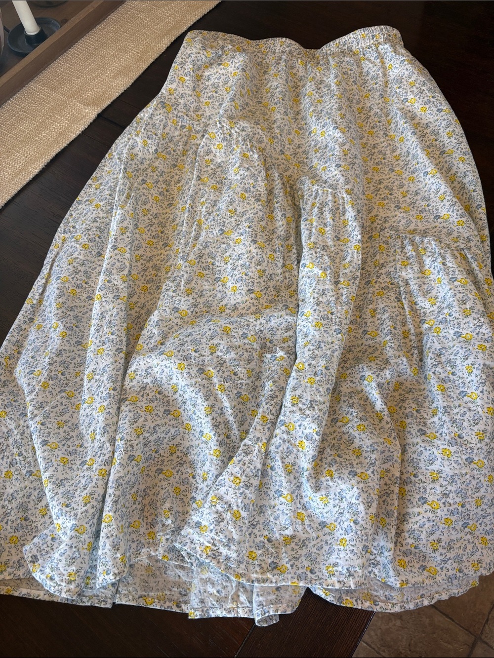 Women's White Floral Tiered Maxi Skirt with Yellow Accents